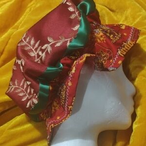 Luxurious Red and Green Satin Bonnet